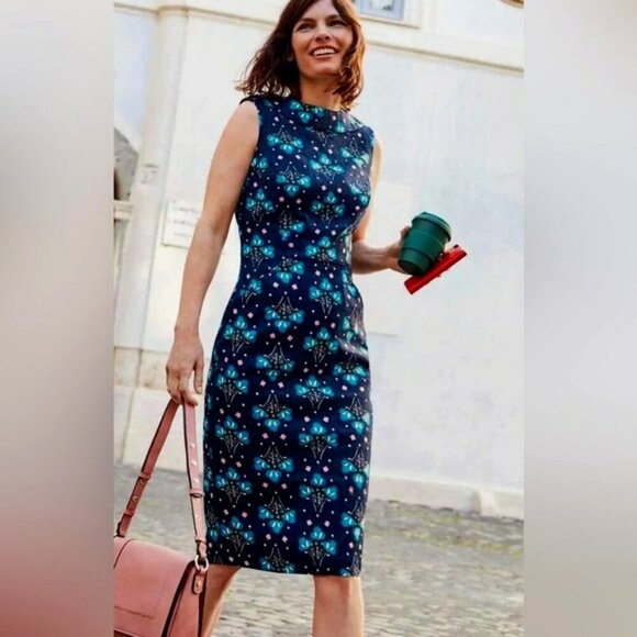 Boden Martha Navy & Blue Floral Sleeveless Roll Collar Sheath Pencil Dress 14 - Picture 11 of 11